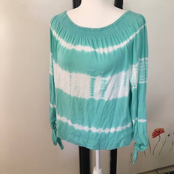 Turquoise Tye-dye elastic boat neck shirt with tie long  sleeves - Picture 3 of 11